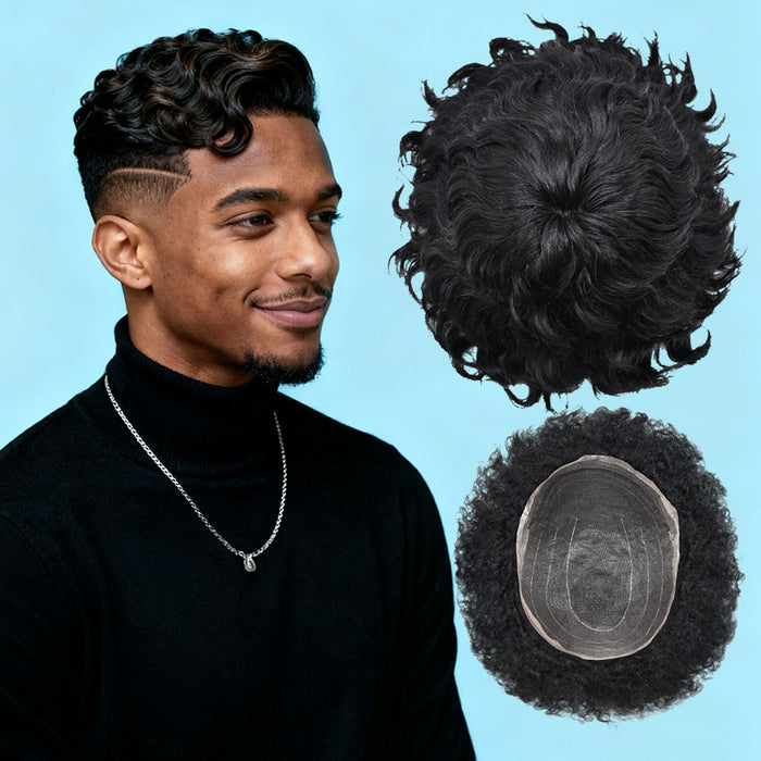 US STOCK Afro Curly Toupee For Black Men Full Swiss Super Welded Lace Hair Units for African American Men Hairpieces 25mm