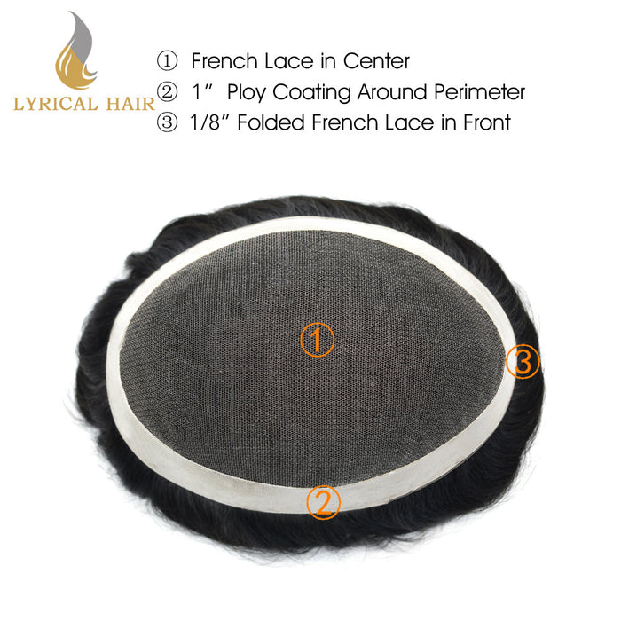 LYRICAL HAIR US Stock French Lace Hair System for Men PU Coated Mens Hairpiece Center Lace Human Toupee for Men