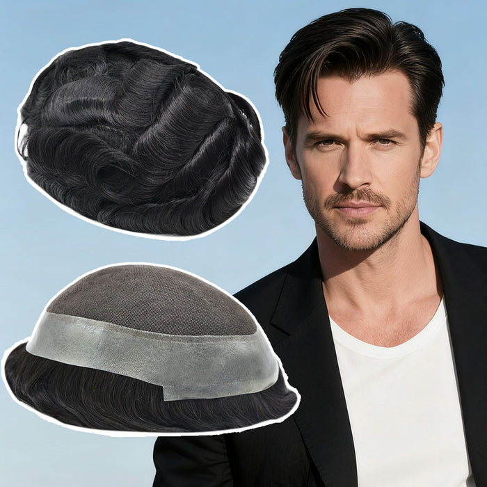 Human Hairpiece French Lace Mens Toupee Poly Skin Around Mens Hair System | Black