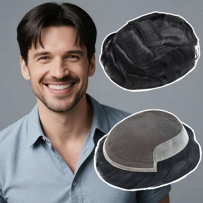 French Lace Front Mens Toupee Breathable Human Hairpiece | Black