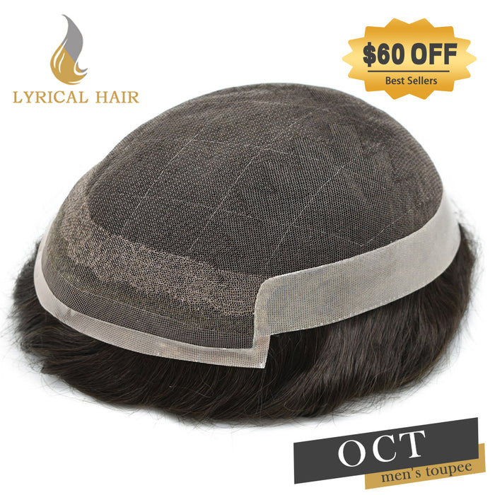 LYRICAL HAIR US Stock French Lace With Poly Coated Human Hair System For Men Natural Hairline Bleached Knots Toupee for Men