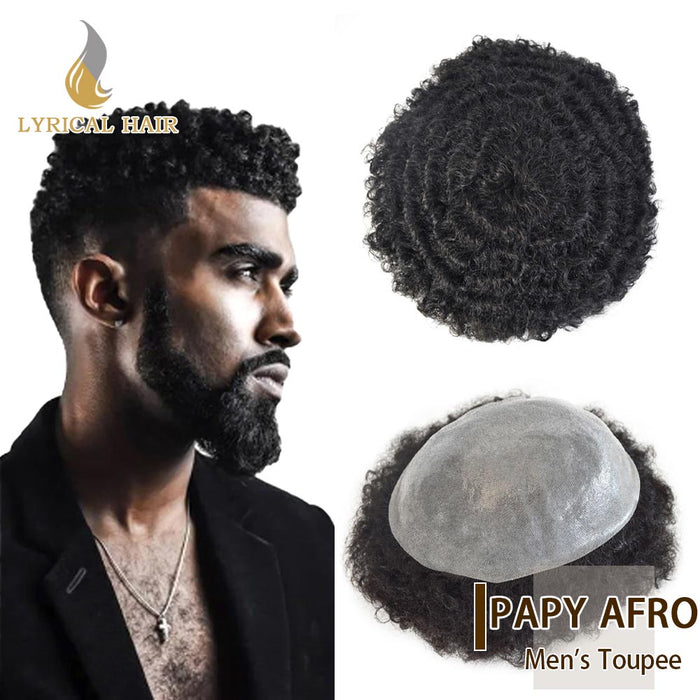 LYRICAL HAIR Hair Units for Black Men Thin Skin African American Men Full Poly Afro Curly Wave Mens Hairpieces