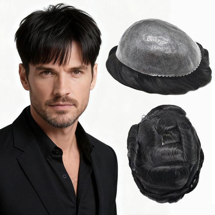 US Stock Toupee for Mens Full PU Injected Human Hairpiece for Men Durable Mens Hair System | Black