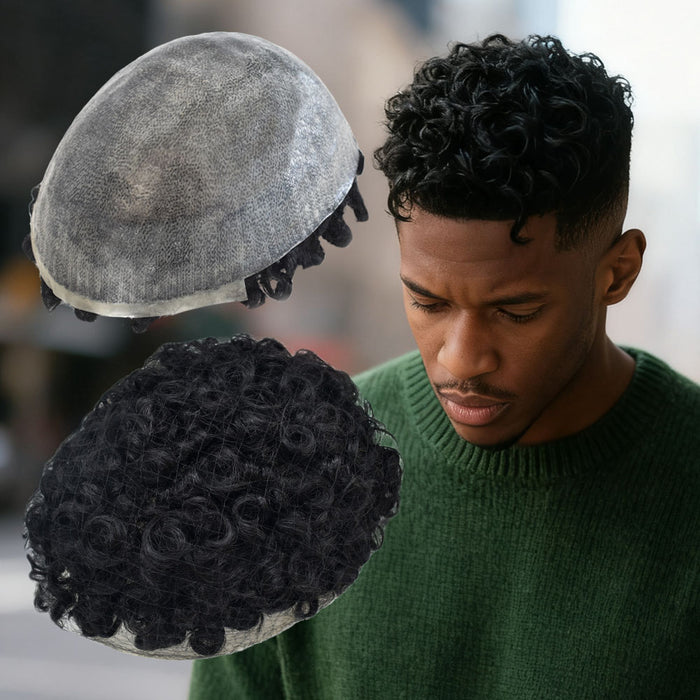 US Stock Afro Toupee for Black Men Full Injected PU Curly Hair Unit For American African Men 25mm