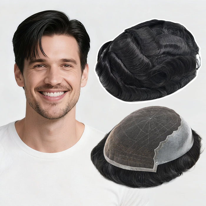 French Lace With PU Human Hair System For Men Natural Hairline Bleached Knots Toupee for Men | Black