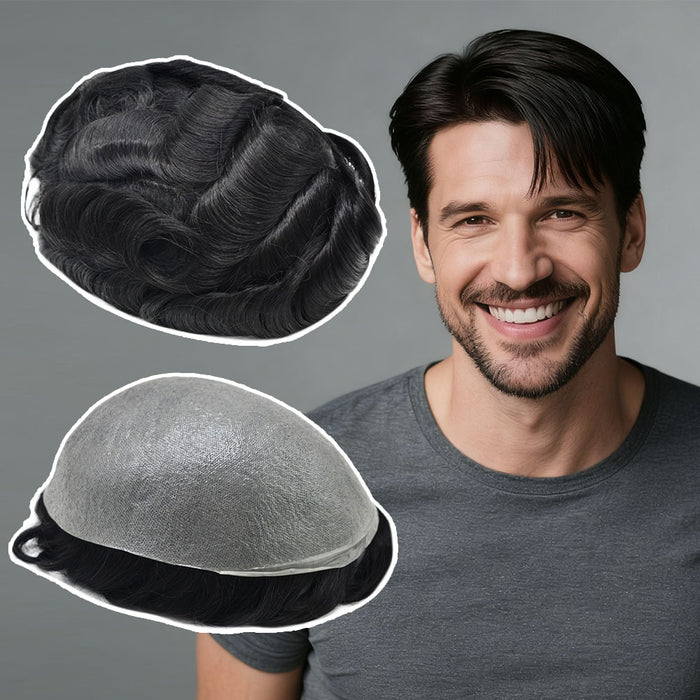 US Stock 0.06mm Ultra Thin Skin Hair System for Men V-Looped Knots Mens Hairpieces Toupee for Men | Black