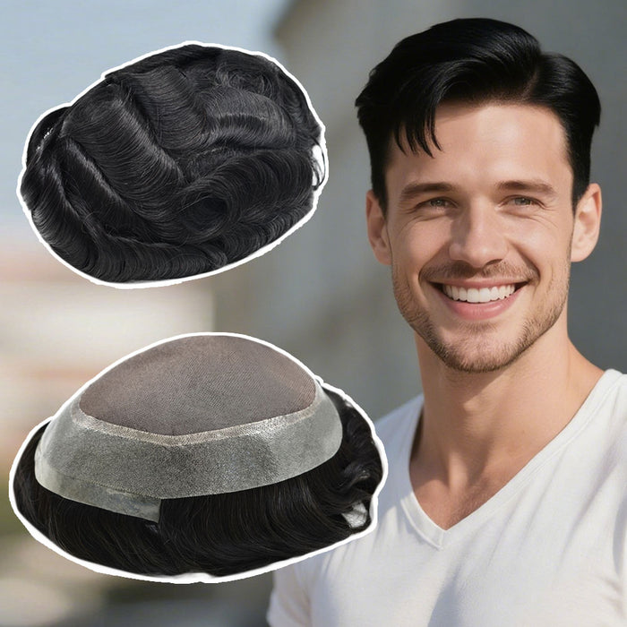 Human Hair System For Men Fine Monofilament With PU Hairpieces For Men | Black