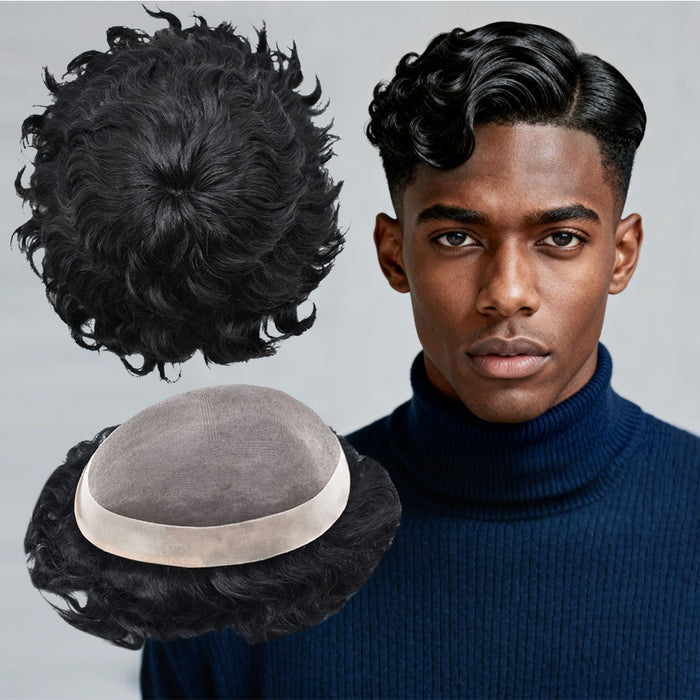US STOCK Afro Toupee For Black Men Fine Monofilament Men Wave Hair Unit Poly Coated Kinky Curly Hairpiece 25mm