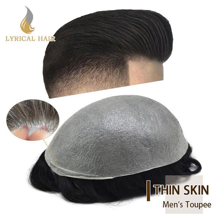 LYRICAL HAIR Mens Toupee 0.06mm Ultra Thin Skin Hair Replacement System for Men V-Looped Knots Mens Hairpieces Natural Hairline Toupee for Men