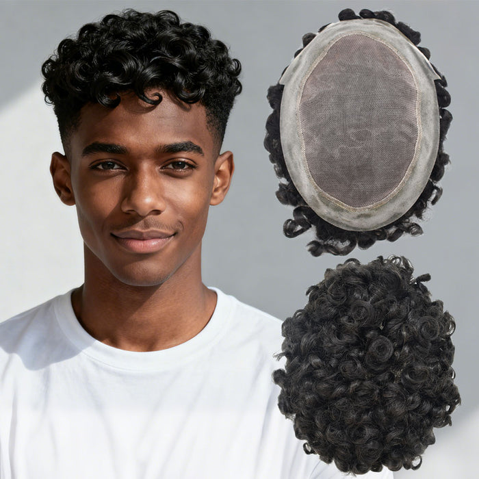 US STOCK Afro Toupee African Curly Monofilament Durable Hair System For Black Men Hair Unit 25mm