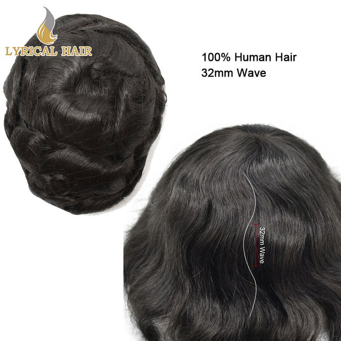LYRICAL HAIR US Stock 0.08mm Thickness Natural&Durable Knotted Thin Skin PU Human Hair System For Men V-Looped Knots Mens Hairpieces Natural Hairline Toupee for Men   | Black