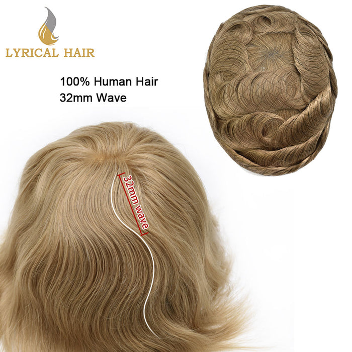 LYRICAL HAIR US Stock French Lace With Poly Coated Human Hair System For Men Natural Hairline Bleached  Knots Invisible Knots Toupee for Men  | Blond