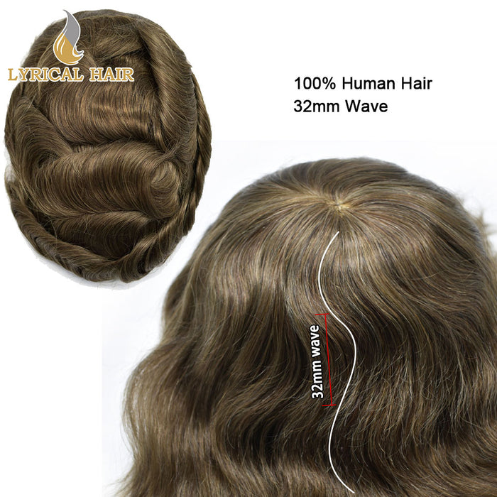 LYRICAL HAIR 0.10mm Thickness Durable Skin Knotted PU Brown Human Hair System For Men 100% Hand Tied Woven Toupee for Men | Brown