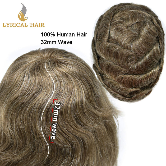 LYRICAL HAIR 0.10mm Thickness Durable Skin Knotted PU Human Hair System For Men 100% Hand Tied Woven Toupee for Men | Blond
