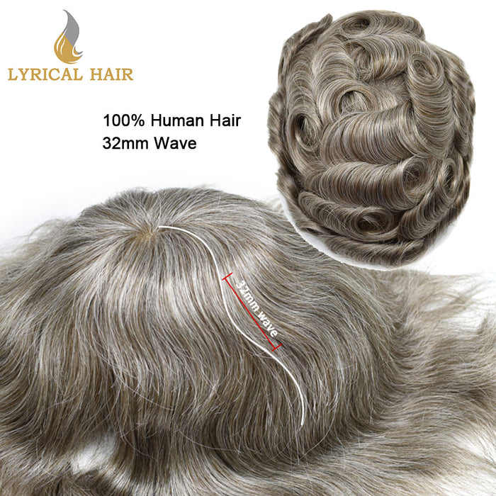 LYRICAL HAIR 0.10mm Thickness Durable Skin Knotted PU Human Hair System For Men 100% Hand Tied Woven Toupee for Men | Gray
