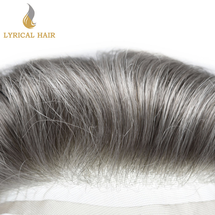 LYRICAL HAIR French Lace Front Mens Toupee Breathable Invisible Knots Human Hairpiece |Gray