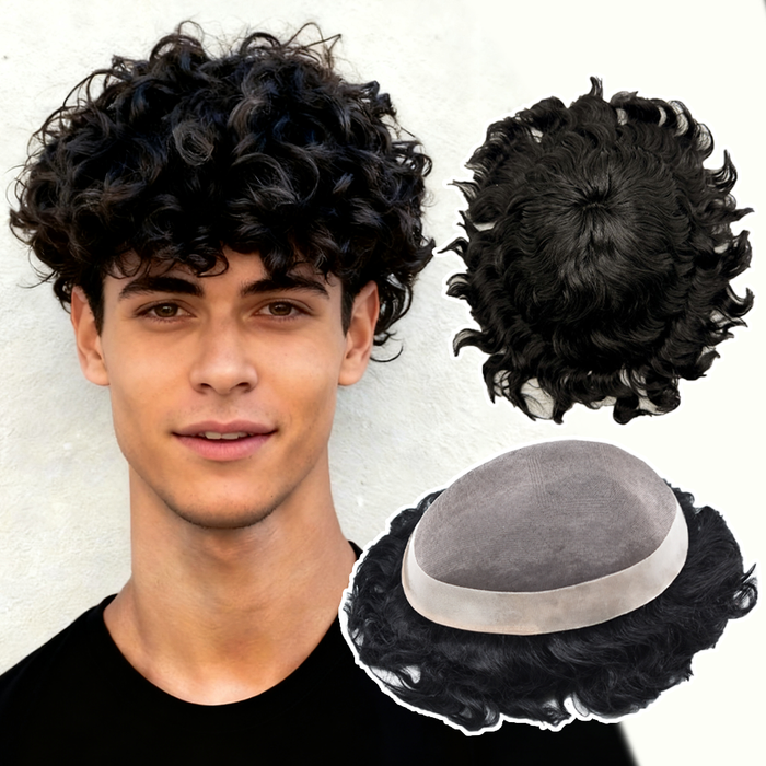 US STOCK Afro Toupee For Black Men Fine Monofilament Men Wave Hair Unit Poly Coated Kinky Curly Hairpiece 25mm