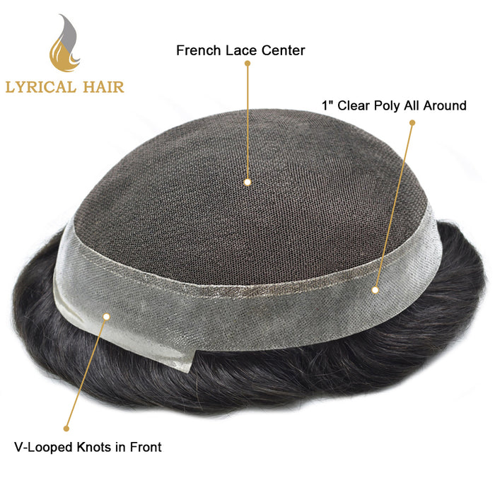 LYRICAL HAIR Human Hairpiece French Lace Mens Toupee Poly Skin Around Mens Hair System
