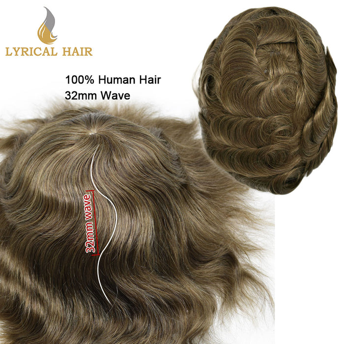 LYRICAL HAIR 0.08mm Thickness Natural&Durable Knotted Thin Skin PU Human Hair System For Men V-Looped Knots Mens Hairpieces Natural Hairline  Toupee for Men