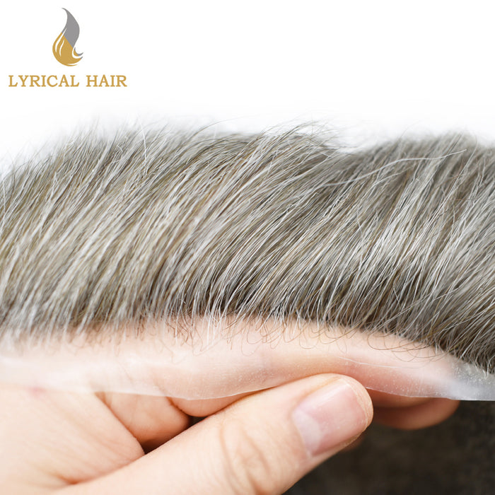 LYRICAL HAIR Human Hairpiece French Lace Mens Toupee Poly Skin Around Mens Hair System |Gray