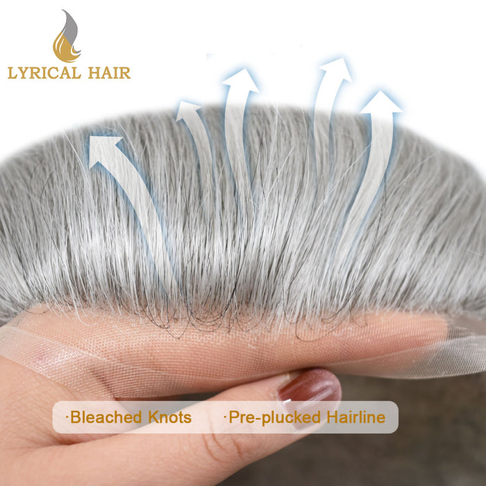 LYRICAL HAIR US Stock Human Hair Swiss Super Welded Lace wIith Poly Natural Hairline Bleached  Knots Toupee for Men  | Gray