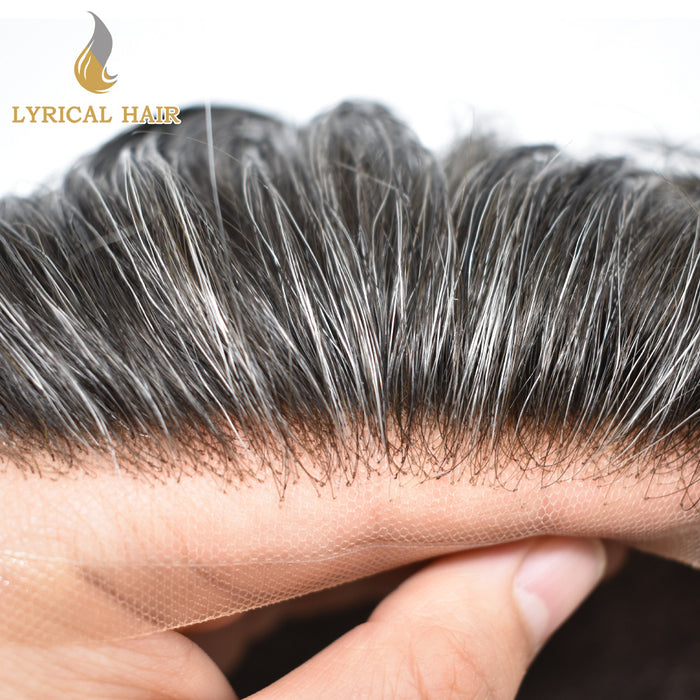 LYRICAL HAIR US Stock French Lace With Poly Coated Human Hair System For Men Natural Hairline Bleached  Knots Invisible Knots Toupee for Men  | Gray
