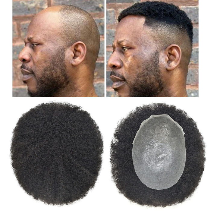 Kinky Curly Afro Mens Toupee 0.3-0.06mm Thickness PU  Hair Unit For Black Men