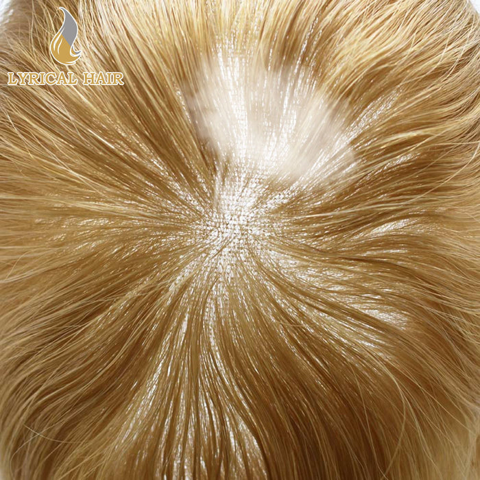 LYRICAL HAIR US Stock French Lace With Poly Coated Human Hair System For Men Natural Hairline Bleached  Knots Invisible Knots Toupee for Men  | Blond