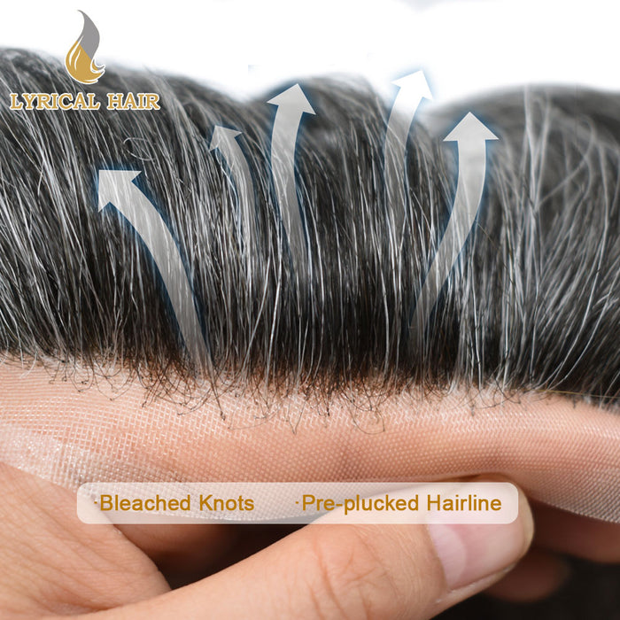 LYRICAL HAIR Full Swiss Super Welded Lace Mens Toupee US STOCK Bleached Knots Men Hair Piece Natural looking Icon Lace Toupee for Men|Gray