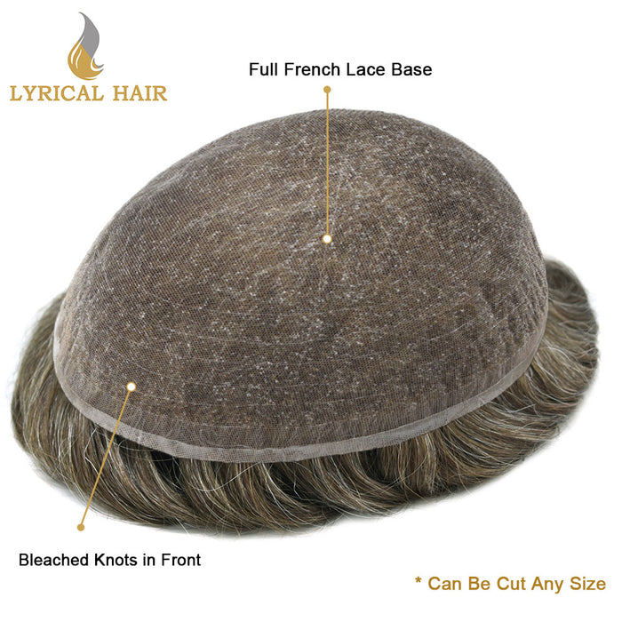 LYRICAL HAIR US STOCK Full French Lace Toupee for Men Hair System Bleached Knots Natural Hairline Mens Hair Piece|gray