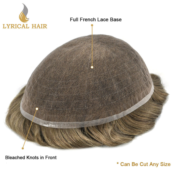 LYRICAL HAIR US STOCK Full French Lace Toupee for Men Hair System Bleached Knots Natural Hairline Mens Hair Piece|Blond