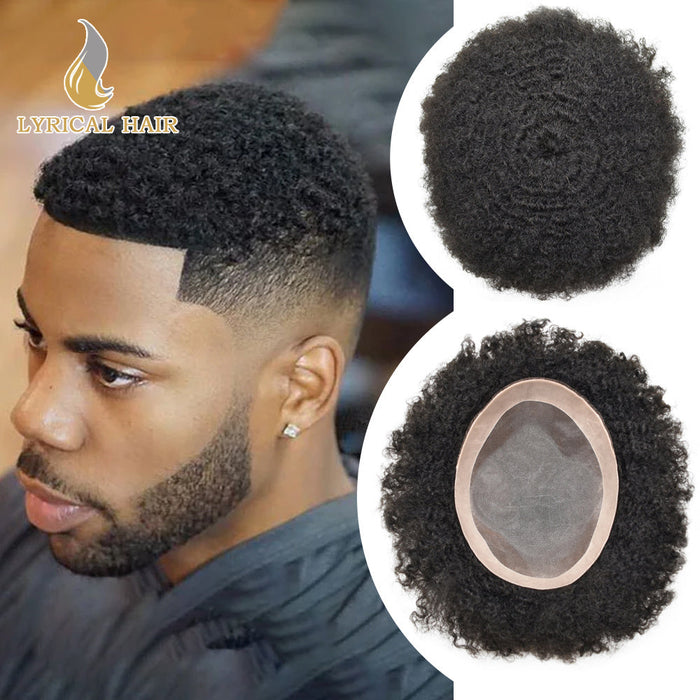 LYRICAL HAIR Afro Toupee For Black Men Fine Monofilament Men Wave Hair Unit Poly Coated Kinky Curly Hairpiece