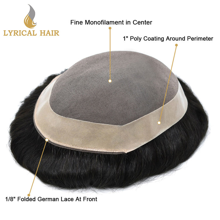 LYRICAL HAIR Hair System for Mens Hair Piece US STOCK Monofilament with PU Coating(NPU) Toupee Folded Lace Front Natural Hairline Mens Toupee|Black