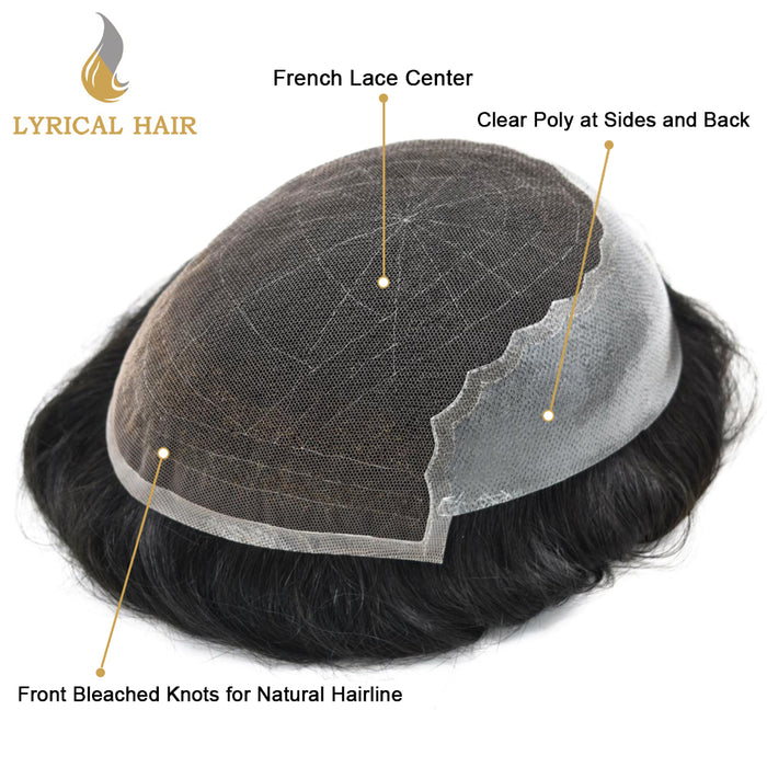 French Lace With PU Human Hair System For Men Natural Hairline Bleached  Knots Toupee for Men | Black