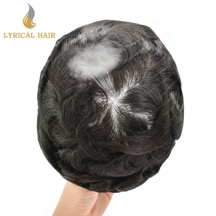 LYRICAL HAIR US Stock French Lace With Poly Coated Human Hair System For Men Natural Hairline Bleached  Knots Invisible Knots Toupee for Men  | Black