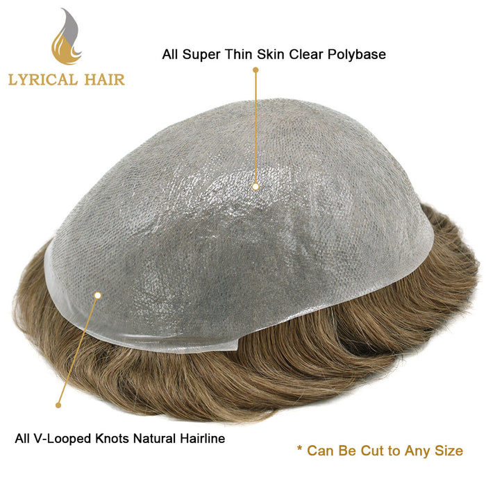 LYRICAL HAIR Mens Toupee 0.06mm Ultra Thin Skin Hair Replacement System for Men V-Looped Knots Mens Hairpieces Natural Hairline Toupee for Men |Blond