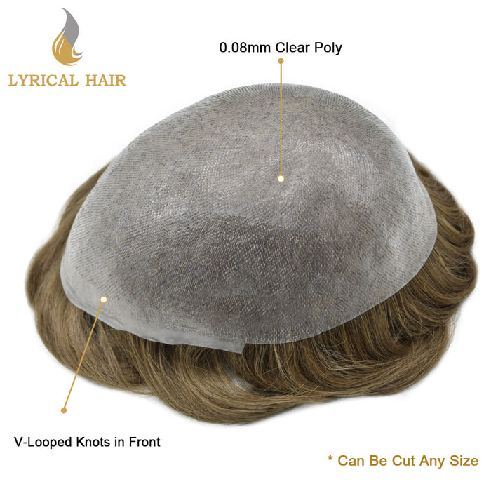 LYRICAL HAIR 0.08mm Thickness Natural&Durable Knotted Thin Skin PU Human Hair System For Men V-Looped Knots Mens Hairpieces Natural Hairline  Toupee for Men