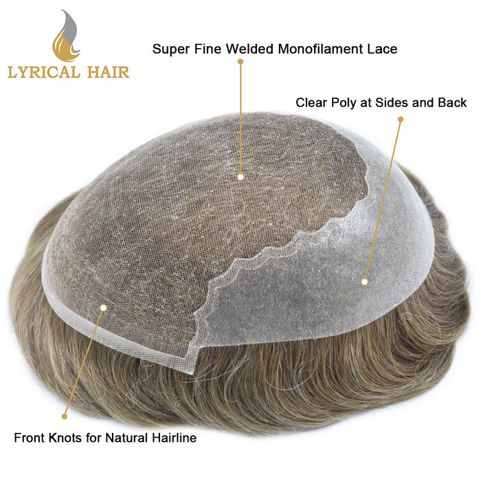 LYRICAL HAIR US Stock Human Hair Swiss Super Welded Lace wIith Poly Natural Hairline Bleached  Knots Toupee for Men  | Brown