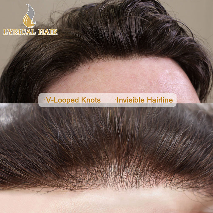 LYRICAL HAIR Mens Toupee 0.06mm Ultra Thin Skin Hair Replacement System for Men V-Looped Knots Mens Hairpieces Natural Hairline Toupee for Men |Brown