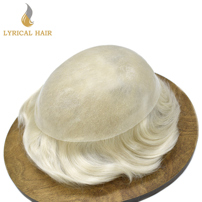 LYRICAL HAIR 0.10mm Thickness Durable Skin Knotted PU Human Hair System For Men 100% Hand Tied Woven Toupee for Men | White