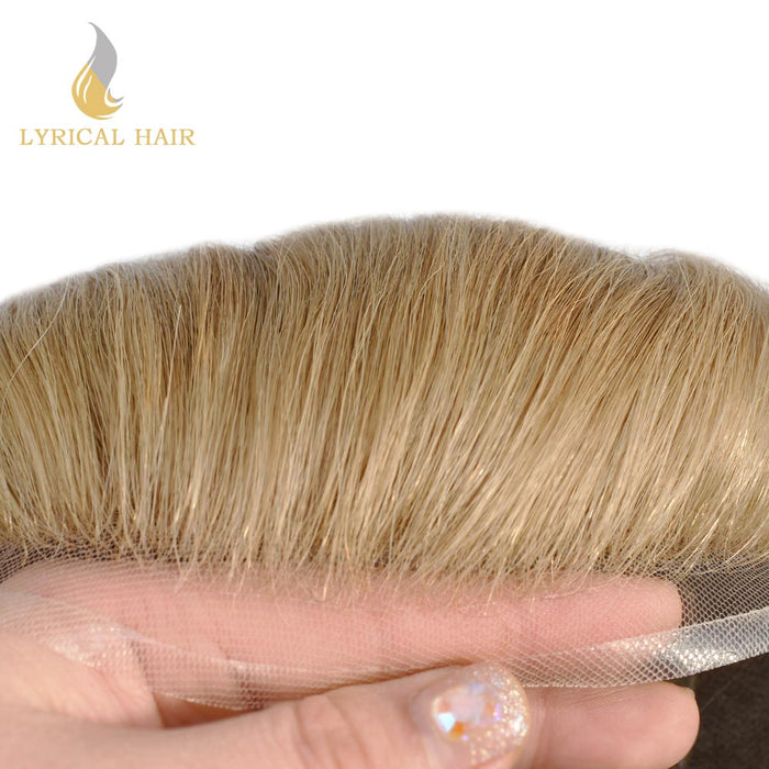 Lyricalhair Hair Systems Lace Front with Injected PU Mens Toupee Bleached Knots Natural Hairline Toupee for Men