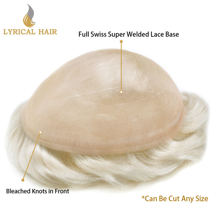 LYRICAL HAIR Full Swiss Super Welded Lace Mens Toupee US STOCK Bleached Knots Men Hair Piece Natural looking Icon Lace Toupee for Men|White