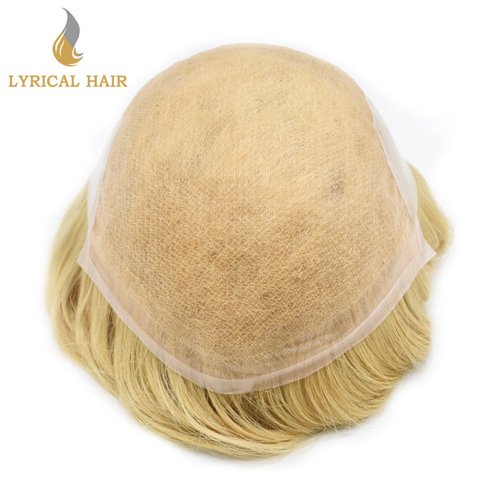 LYRICAL HAIR US Stock Human Hair Swiss Super Welded Lace wIith Poly Natural Hairline Bleached  Knots Toupee for Men  | Blond