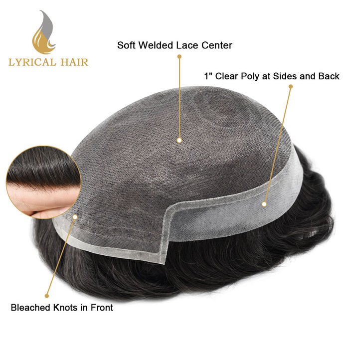 LYRICAL HAIR Hair System For Men Soft Welded Lace Base Front Human Hairpiece Bleached Knot Natural Hairline Hair System|Black