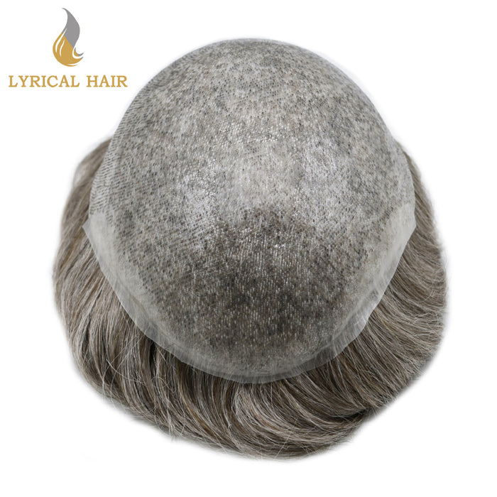 LYRICAL HAIR US Stock 0.08mm Thickness Natural&Durable Knotted Thin Skin PU Human Hair System For Men V-Looped Knots Mens Hairpieces Natural Hairline Toupee for Men   | Gray