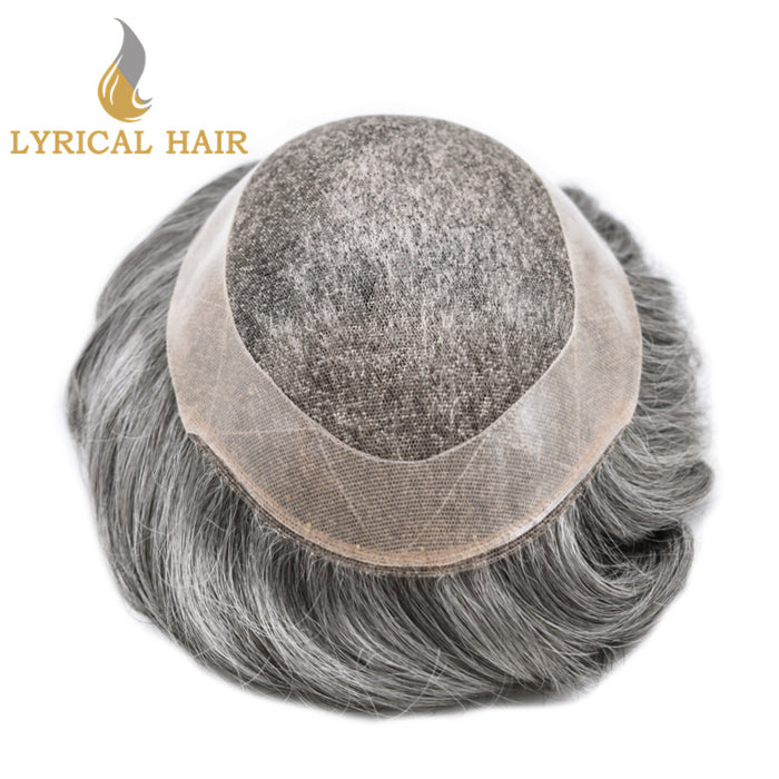 LYRICAL HAIR US Stock French Lace Hair System for Men PU Coated Mens Hairpiece Center Lace Human Toupee for Men|Gray