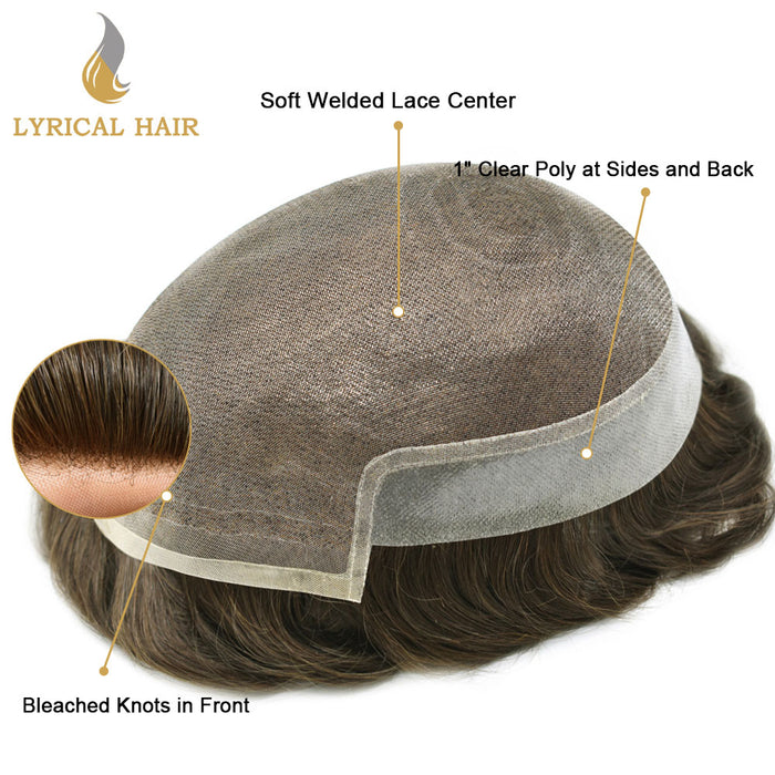 LYRICAL HAIR Hair System For Men Soft Welded Lace Base Front Human Hairpiece Bleached Knot Natural Hairline Hair System|Brown