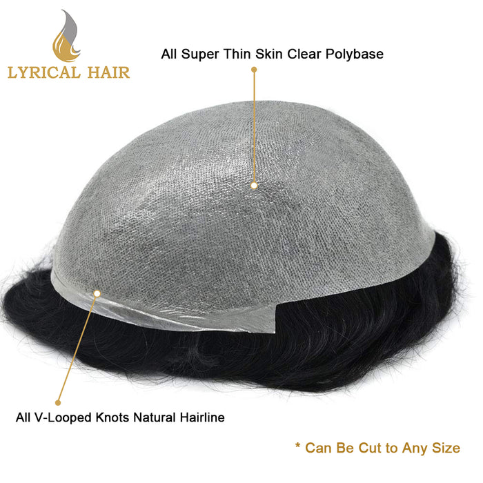 LYRICAL HAIR Mens Toupee 0.04mm Ultra Thin Skin Hair System for Men V-Looped Knots Natural Hairline Mens Hairpieces |Black
