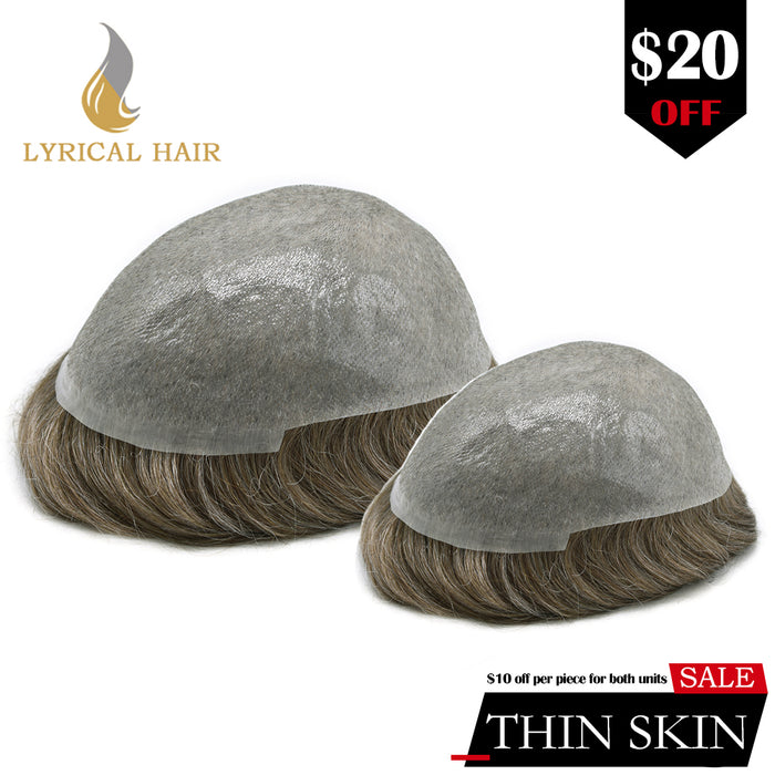 2-Piece Bundle | LYRICAL HAIR Mens Toupee 0.06mm Ultra Thin Skin Hair Replacement System for Men V-Looped Knots Mens Hairpieces Natural Hairline Toupee for Men