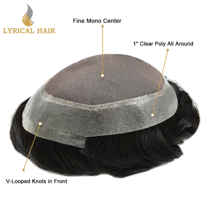 Human Hair System For Men Fine Monofilament With PU Hairpieces For Men | Black